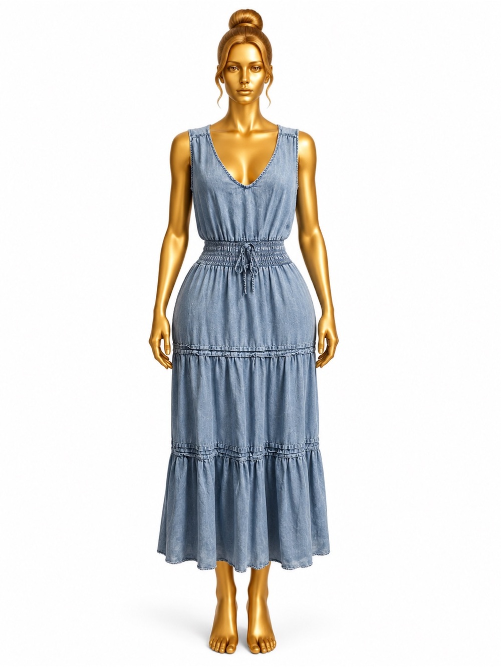 Jane + Delancey Small Blue Lyocell Tiered Maxi Dress Smocked Waist Pockets